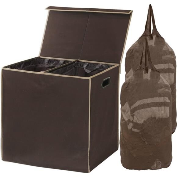 Double Laundry Hamper with Lid and Removable Laundry Bags Brown
